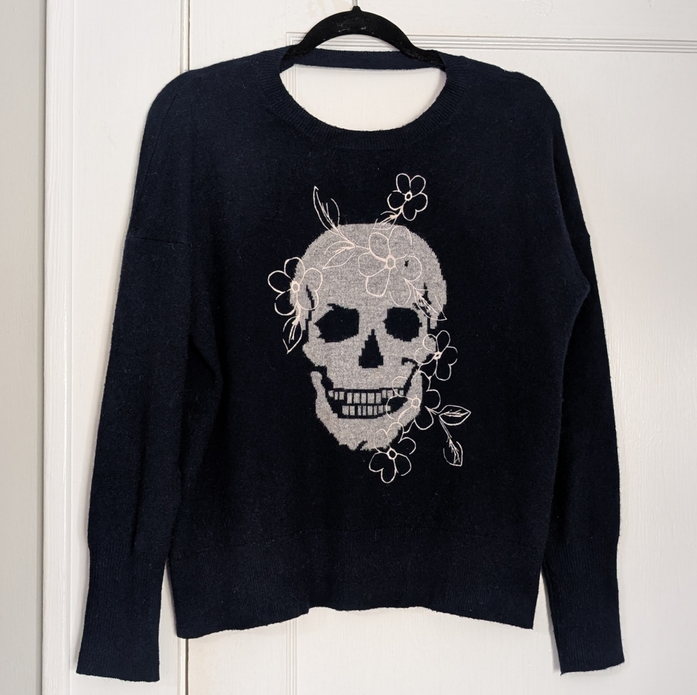 Skull Cashmere Navy Floral Skull 100% Cashmere Sweater XS
